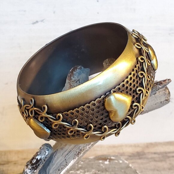Vintage Y2K 90s Victorian Grunge Steampunk Bronze Hearts Metal Bangle Bracelet - Picture 12 of 12